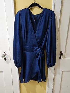 Mango Deep Blue Long Sleeve Wrap Mini Dress